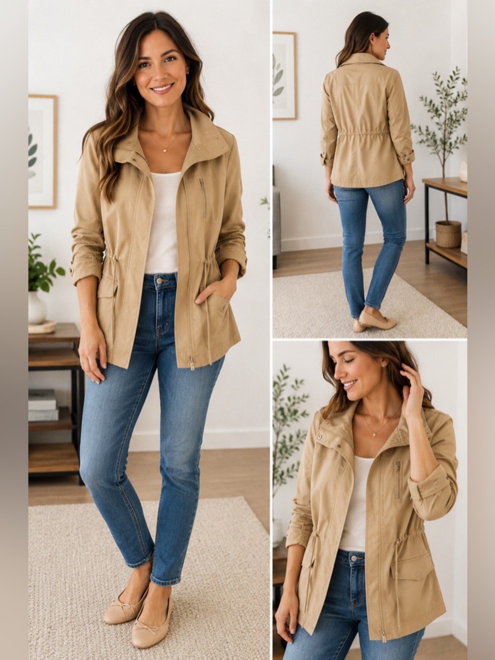 Ann Taylor Khaki Utility Jacket Drawstring Waist Zip Front Size S